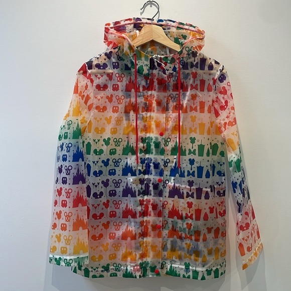 Disney Women’s Rain Jacket Rainbow Disney Collection clear drawstring hood sz S - Picture 2 of 11